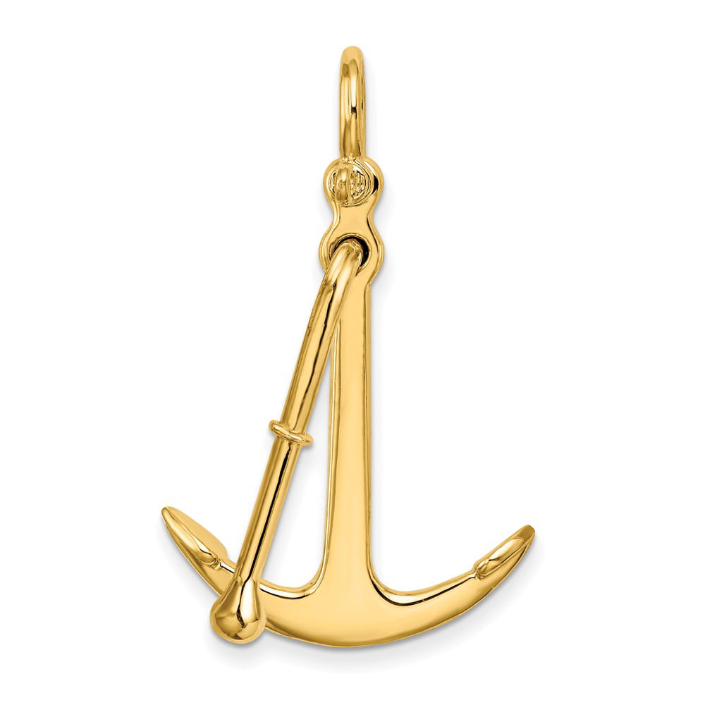 Solid 14k Yellow Gold 3-D Anchor 2 Piece and Moveable Charm Pendant - 50mm  x 25mm