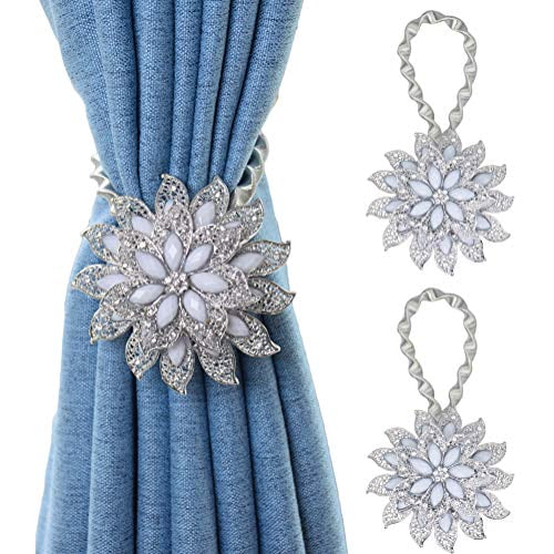 2PCS Magnetic Curtain Tiebacks Decorative Crystal Flower Shape Window Curtain Holdback Buckles Tie Backs Holders with Stretchable Wire Rope for Home and Office,Silvery White