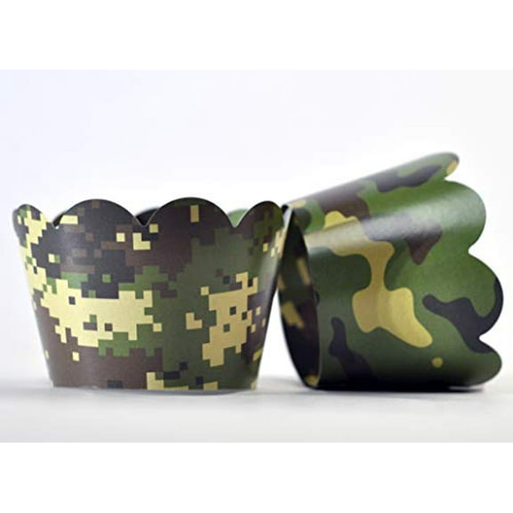 Camouflage Cupcake Wrappers for Gender Reveals, Baby Shower party supplies, Boy/Girl Birthday parties, Hunting or Military themed parties. Set of 24 Reversible Soldier to digital camo patter