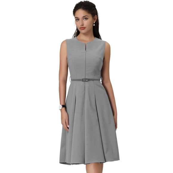 Vestido sin mangas para Mujer Hobemty Vestidos de Trabajo Acampanados con Cinturón y Cremallera Gris XXL