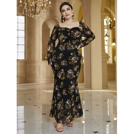 

Black Glamorous Women s Plus Allover Floral Print Ruched Sweetheart Neck Mermaid Hem Lace Dress 2022 2XL(16) Y060D