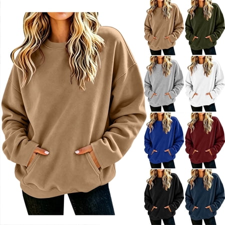Seffadzy Women s Crewneck Pullover Sweatshirt with Pocket Solid Color Long Sleeve Loose Fit Casual Top Soft Cozy Everyday Essential
