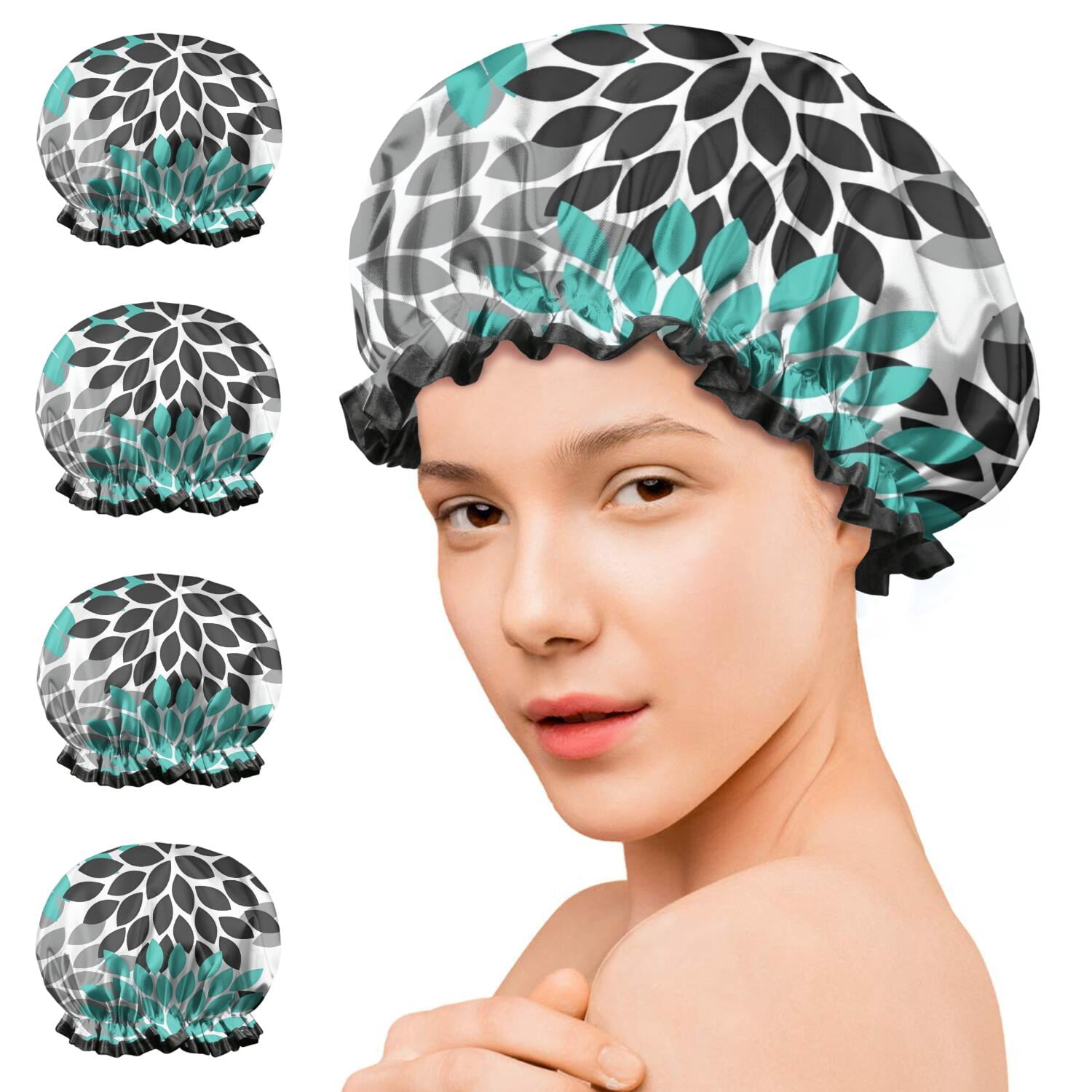 Shower Caps,Black Turquoise and Gray Floral Pattern Waterproof Shower Cap for Women 4 Pieces,Double Reusable Hair Cover for Shower PEVA Elastic Stretch Hem