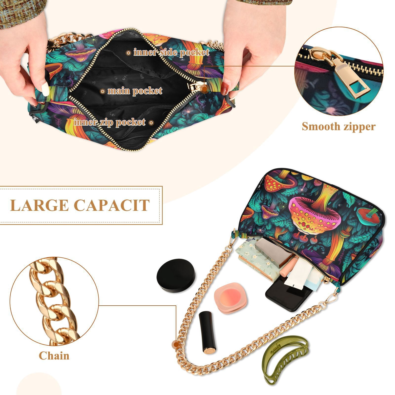 Mushrooms LeavesWomen Small Shoulder Bag Crossbody Tote Hobo Bags Purse Clutch Handbags with Chain Strap for Women