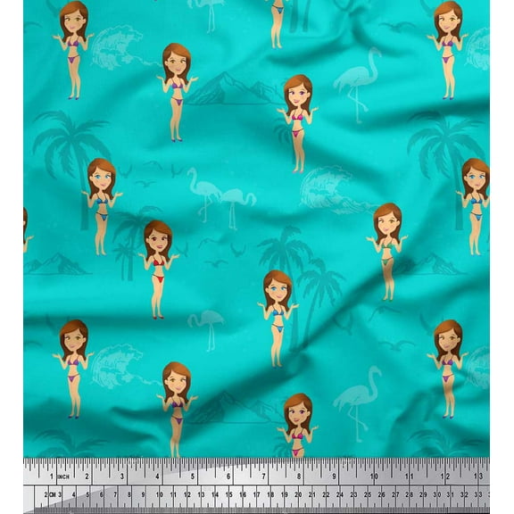 Soimoi Green Cotton Voile Fabric Flamingo,Palm Tree & Beachwear Girl Holiday Print Fabric by Yard 42 Inch Wide