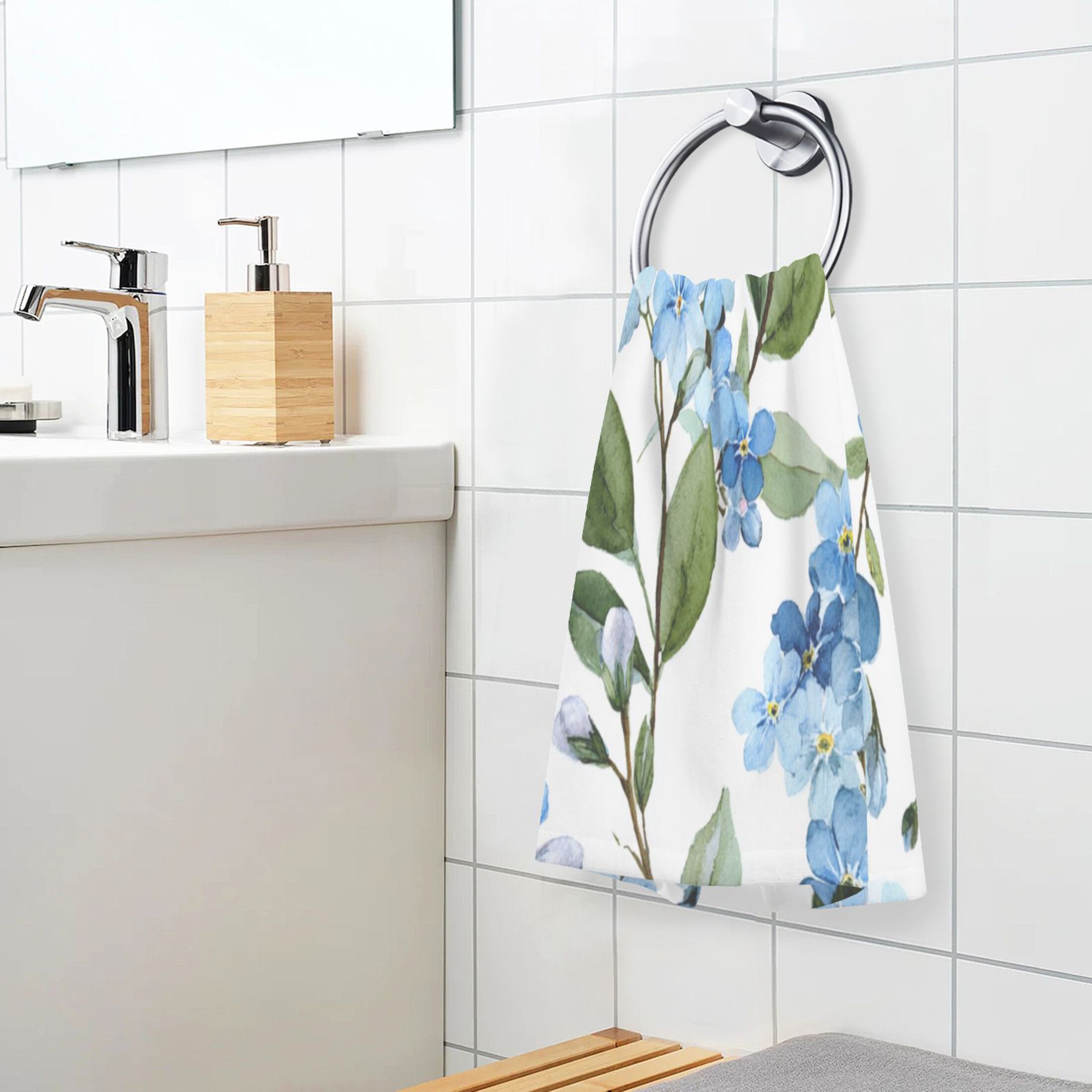 2 Pieces of Cotton Towel Face Towel Set Hand Towel Bath Towel Cotton Bath Towel Sets Beautiful Blue Flowers Cute