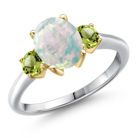 Gem Stone King 925 Silver and 10K Yellow Gold Simulated White Opal and Green Peridot Engagement Ring for Women | 1.60 Cttw | Oval Cabochon 9X7MM | Gemstone October Birthstone | Size 8