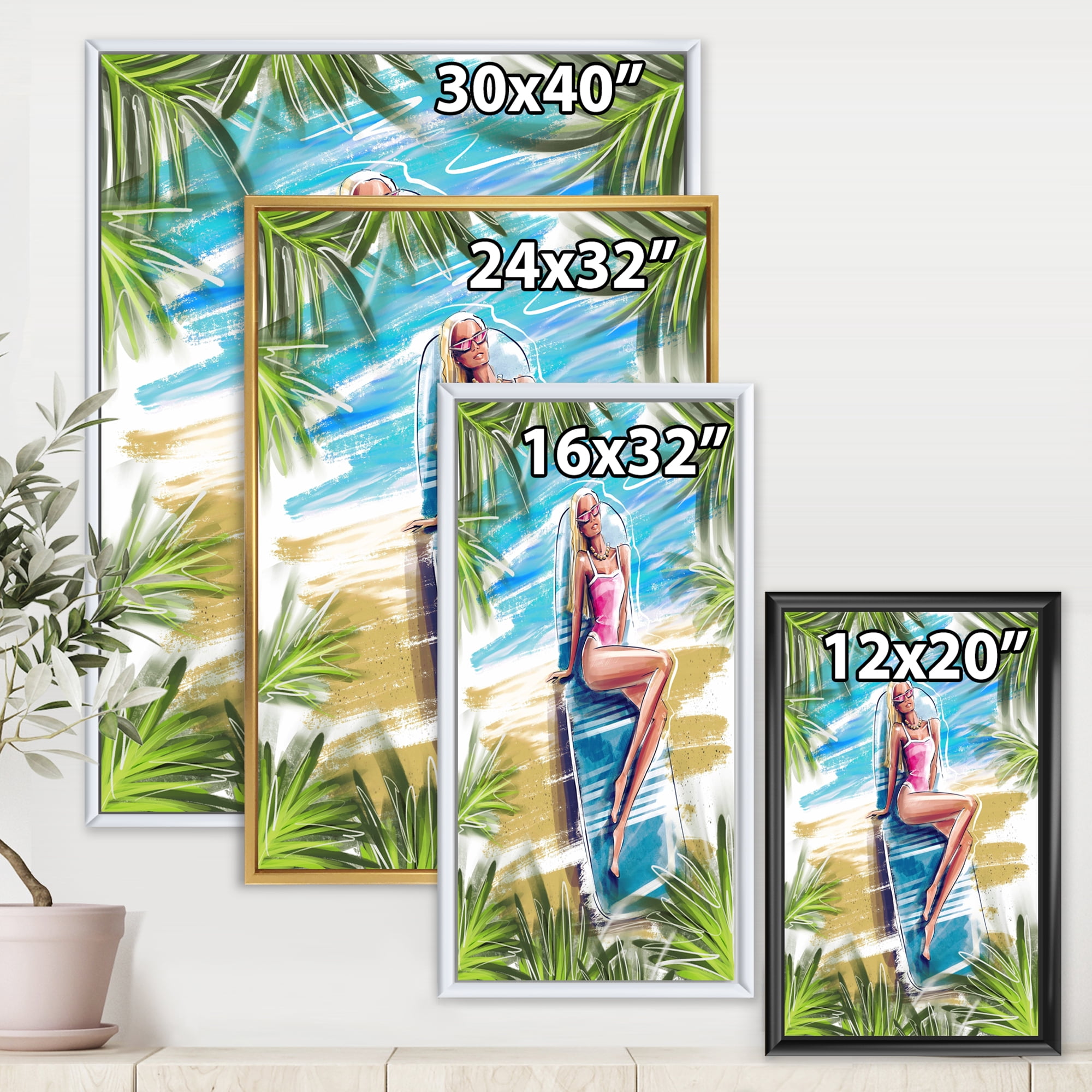 Portrait Beautiful Blond Model At The Beach Sunbathing 30 in x 40 in Framed Painting Canvas Art Print, by Designart