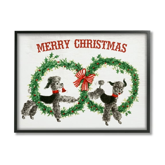 Stupell Industries Vintage Merry Christmas Saying Festive Wreaths Toy Poodles Animals & Insects Painting Black Framed Art Print Wall Art, 11 x 14
