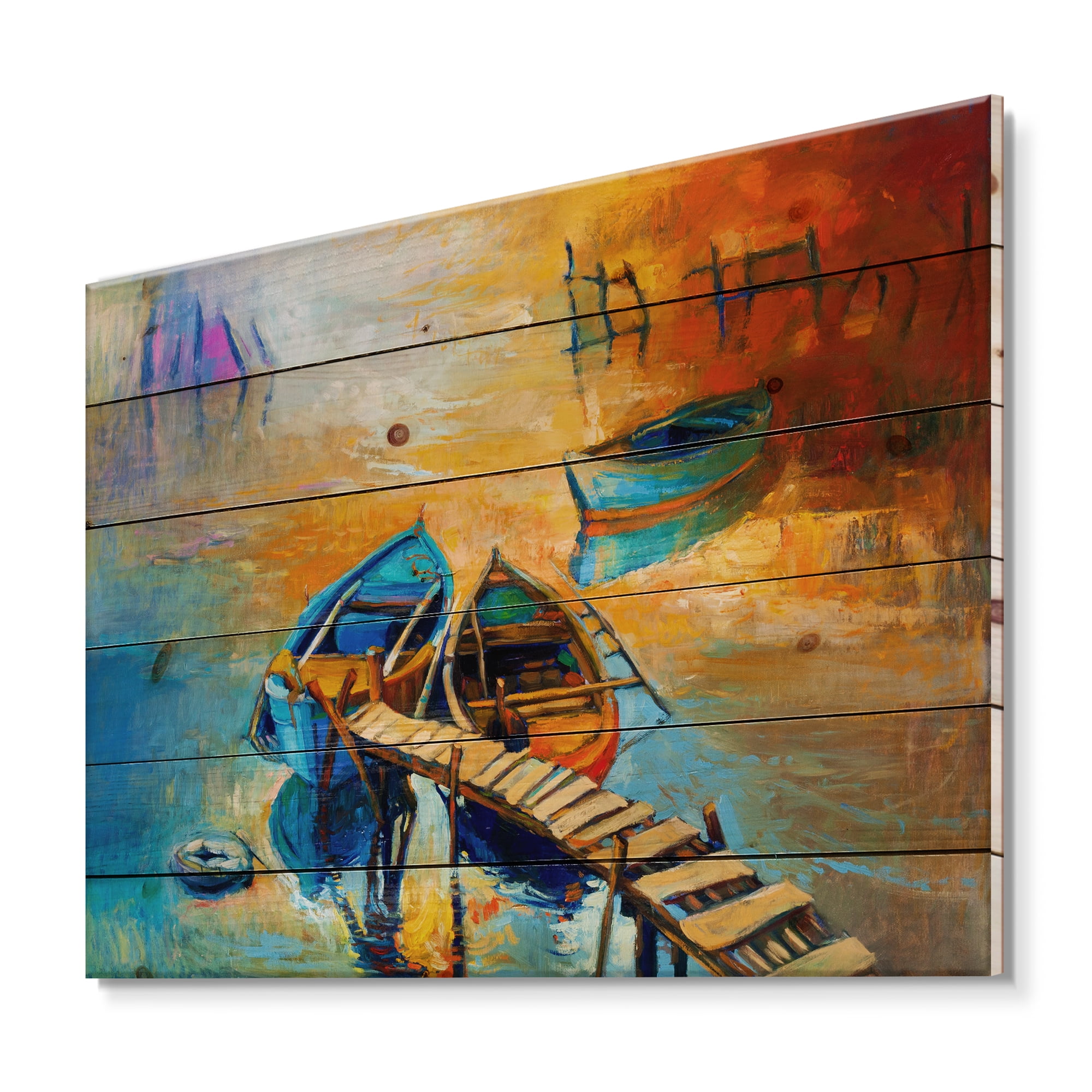 Designart 'Boat At The Lake During Evening Glow V' Nautical & Coastal Print on Natural Pine Wood