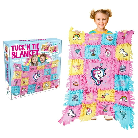 EDUMAN Unicorn Fleece Blanket Kit for Kids, DIY No-Sew Tie Quilt Craft Set, Soft Blanket Making Kit for Girls Ages 6 , Arts & Crafts Gift