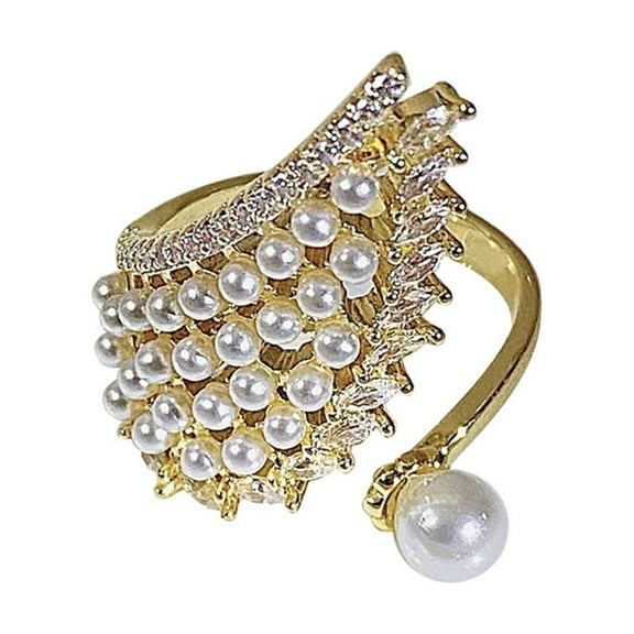 Pearl Angle Wing CZ Gold Plated Open Statement Ring Crystal Wedding Band for Women Girls