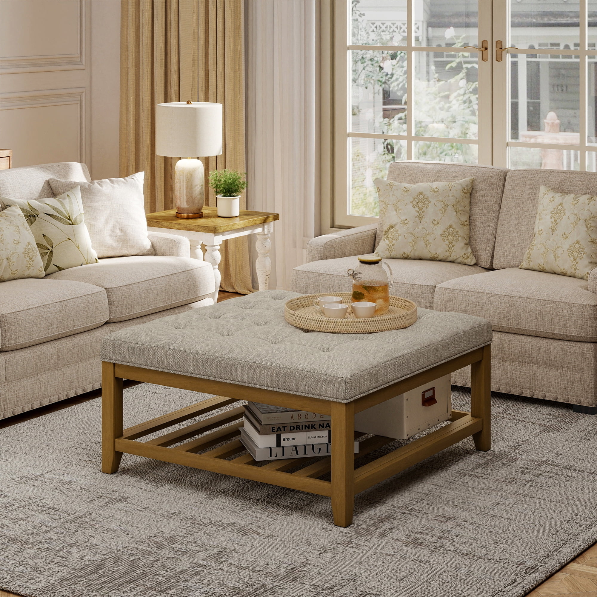 Square Upholstered Ottoman Coffee Table with Storage Shelf, Linen Fabric, Tufted Top, 31.9"x31.9", Beige