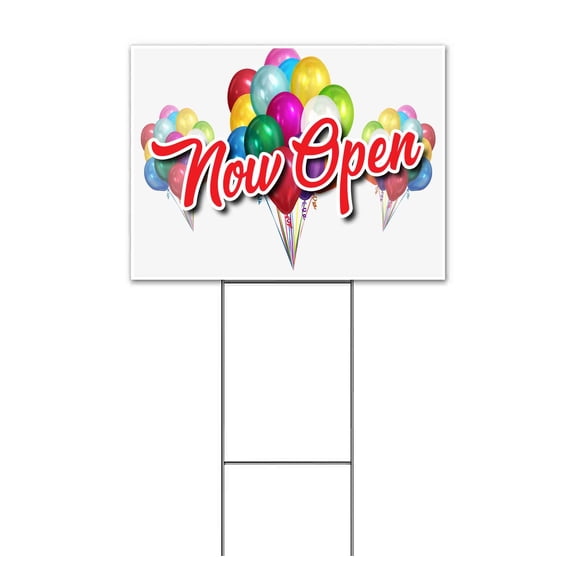 Now Open Balloons (18" x 24") Yard Sign, Includes Metal Step Stake