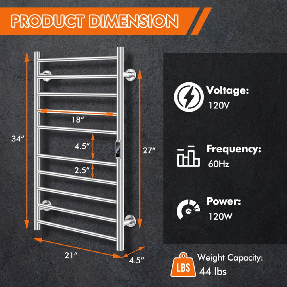Finihen Wall Mounted Towel Warmer, Towel Rack, Towel Holder, 10-bar Heated Wall Mounted Towel Warmer with Timer, for Bathroom, laundry Room, Silver