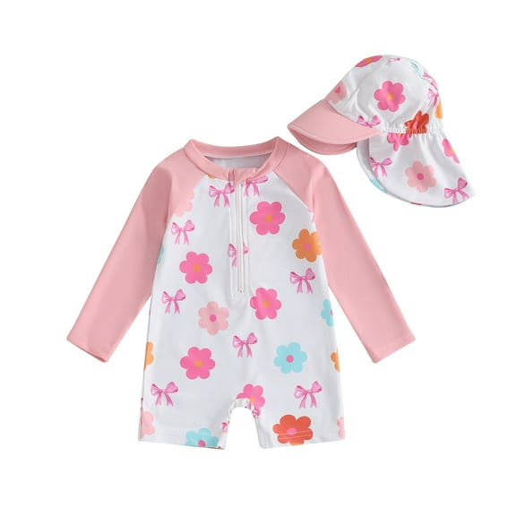 Okbabeha Toddler Baby Girls Bikini Beach Swimwear Zipper Rash Guard One Piece Long Sleeve Bathing Suit With Hat