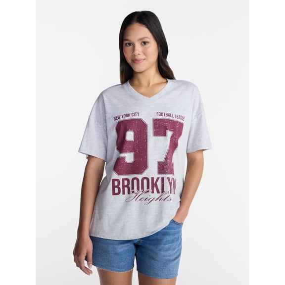 No Boundaries Oversized Graphic V Neck Football Tee, Women's XXS-XXL