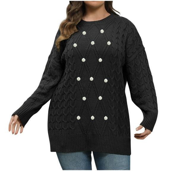 XPMWRP Women's Winter Plus Size Cable Knit Loose Sweater Classic Long Sleeve Crewneck Casual Pullover Tops with Beads Decoration Black XXXL