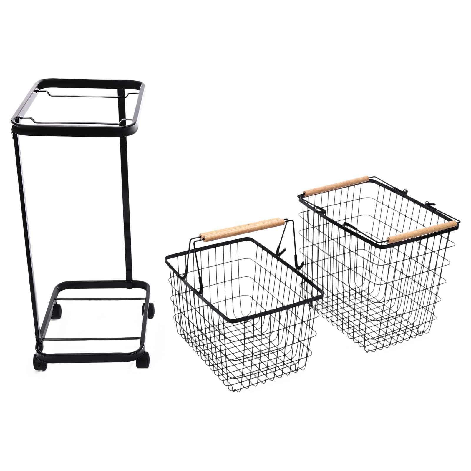 2 Tiers Metal Laundry Basket on Wheels Rectangular Black Large Laundry Hampers Laundry Room Organization and Storage with Removable Wire Baskets Clothing Sorting Laundry Baskets