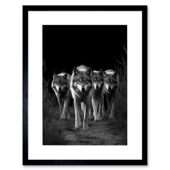 A Pack of Wolves Wild Animal Black and White Photo Artwork Framed Wall Art Print 9X7 Inch
