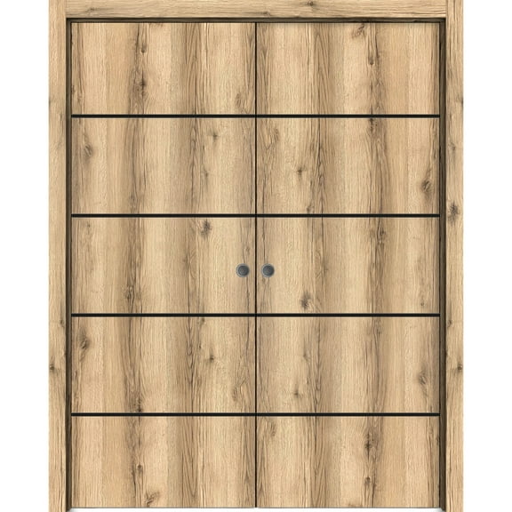 Sliding French Double Pocket Doors 36 x 80 inches | Planum 0015 Oak with Frosted Glass | Kit Trims Rail Hardware | Solid Wood Interior Bedroom Sturdy Doors