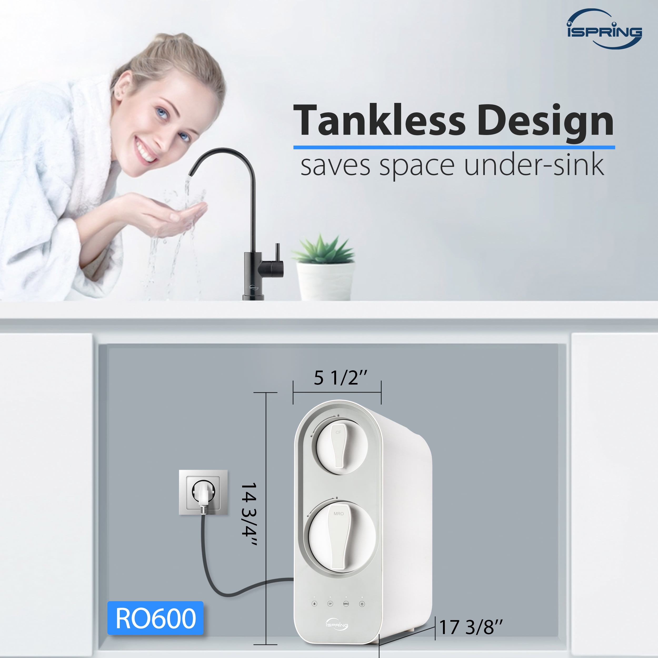 iSpring RO600ORB Tankless RO Reverse Osmosis Water Filtration System, 600 GPD Fast Flow, Oil Rubbed Black Faucet, 2.5:1 Pure to Drain Ratio