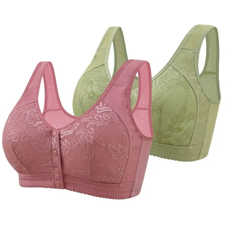 REORIAFEE Womens Bras No Underwire Full Support 2PC Front Closure No Wire Gathered Together Bras Lace embroidery Brassiere Breathable Wide Strap Comfy Corset Underwear Classic Lingerie Green 40/90