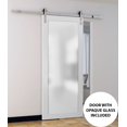 thumbnail image 5 of Sturdy Barn Door Frosted Tempered Glass | Planum 2102 White Silk | 6.6FT Silver Rail Hangers Heavy Hardware Set | Modern Solid Panel Interior Doors-36" x 80"-Frosted Glass-Silver Rail, 5 of 6