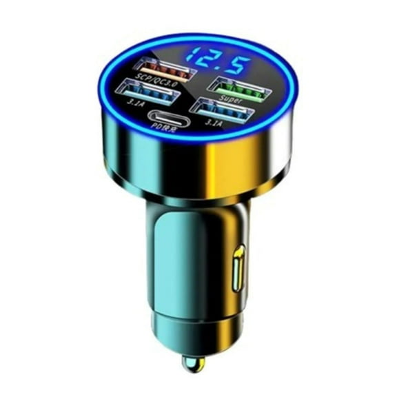 RDRKR 5 Port Fast Charger Cigarette Lighter Adapter with LED Digital Display/ Voltage Monitor 5 In 1 with 4 USB Port Type C, 2*3.1A, QC3.0 Pd and Super, Compatible with iPhone 14 13 12,S22 S21 S20