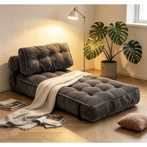 UHOMEPRO Convertible Sleeper Chair, Folding Sofa Bed with Headrest, Lumbar Pillow, High-Density Foam, Portable Floor Sofa for Living Room Bedroom, Grey