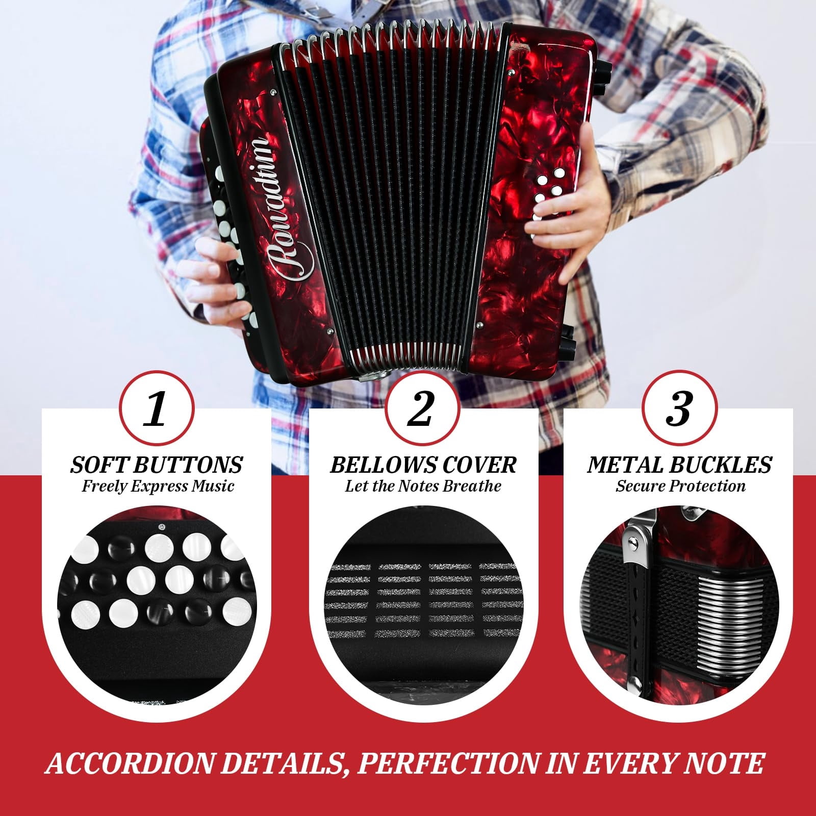 Rowadtim 22 Keys Accordion, 8 Bass Student Piano Accordions Suitable for Beginners and Students; Lightweight and Portable,  with  Backpack and Adjustable Straps (Red)