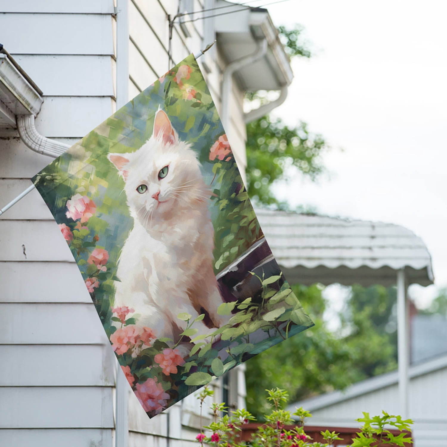 America Forever Spring White Cat House Flag 28 x 40 inch Double Sided Kitty Pink Floral Summer Spring House Flag for Outdoor Cat Flag Yard Decoration