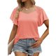 thumbnail image 2 of Camisa de manga corta para mujer, cuello en V plisado, manga con volantes, camisa con hombros descubiertos para mujer, Top para fiesta diaria de verano, rosa S, 2 of 6
