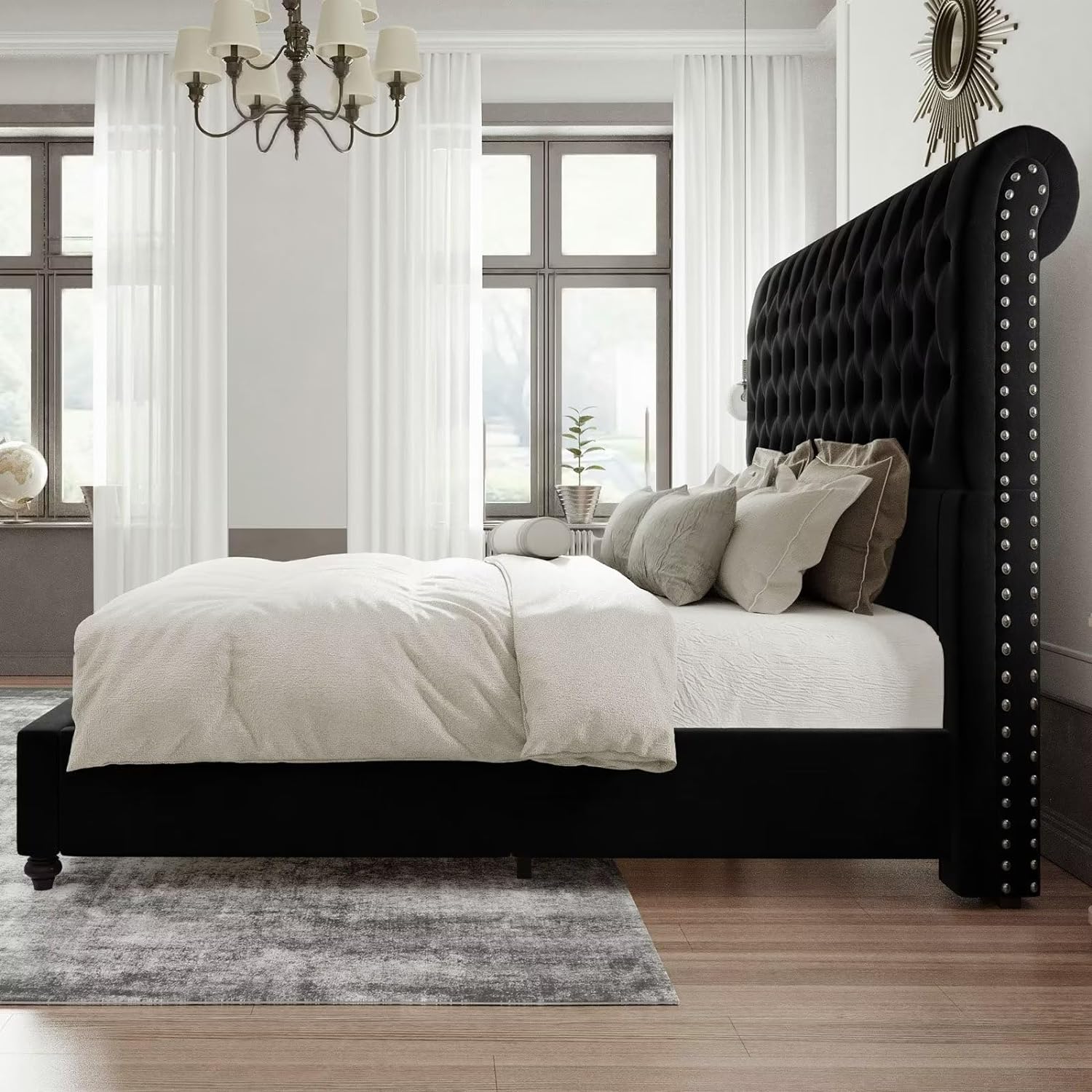 Merluxy Upholstered Queen Bed Frame with Headboard Sleigh Platform Tufted Bed/Black