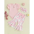 thumbnail image 2 of Bslissey Baby Girls Easter Long Pants Sets Short Sleeve Ribbed Romper + Bunny Print Flare Pants + Bow Headband 3M 6M 12M 18M Infant Toddler Cute Summer 3Pcs Outfits, 2 of 9