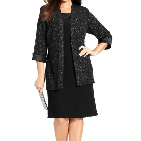 R&M Richards NEW Black Women's Size 14W Plus Shift Shimmer Dress Set