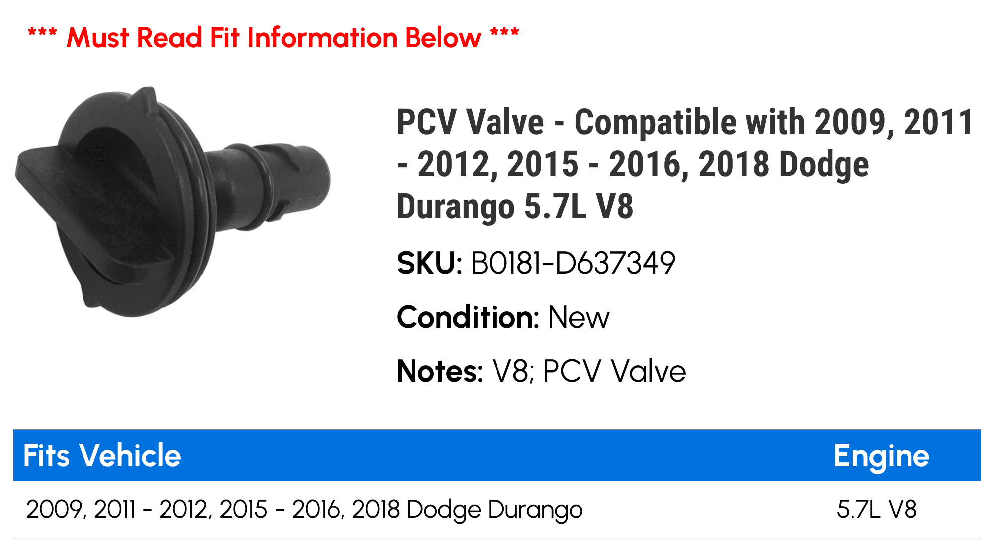 PCV Valve - Compatible with 2009, 2011 - 2012, 2015 - 2016, 2018 Dodge Durango 5.7L V8