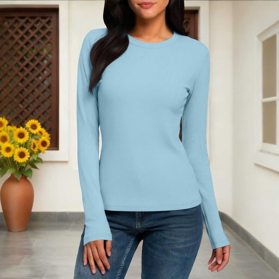 Mifsaly Slim Fit Tops for Women Long Sleeve Crewneck Basic Shirts Soild Color Stretchy Undershirts Comfortable Spring Fall Pullover M