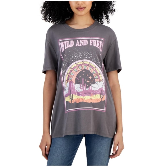 Self E Womens Wild and Free Boyfriend Graphic T-Shirt, charcoal, Juniors, L