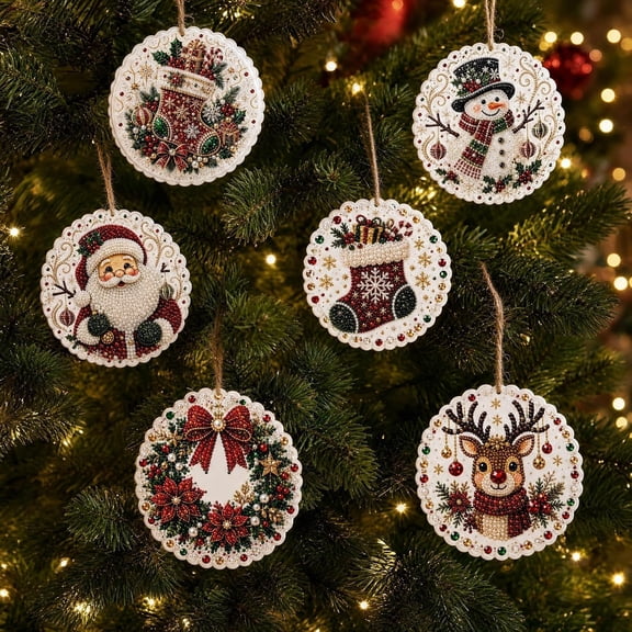 6PCS Diamond Art Christmas Ornaments Set, DIY Pearl Diamond Painting Christmas Ornament Kits with Special-Shaped Gems & Jute Twine, Wooden Hanging Christmas Tree Decorations for Adults (#I)