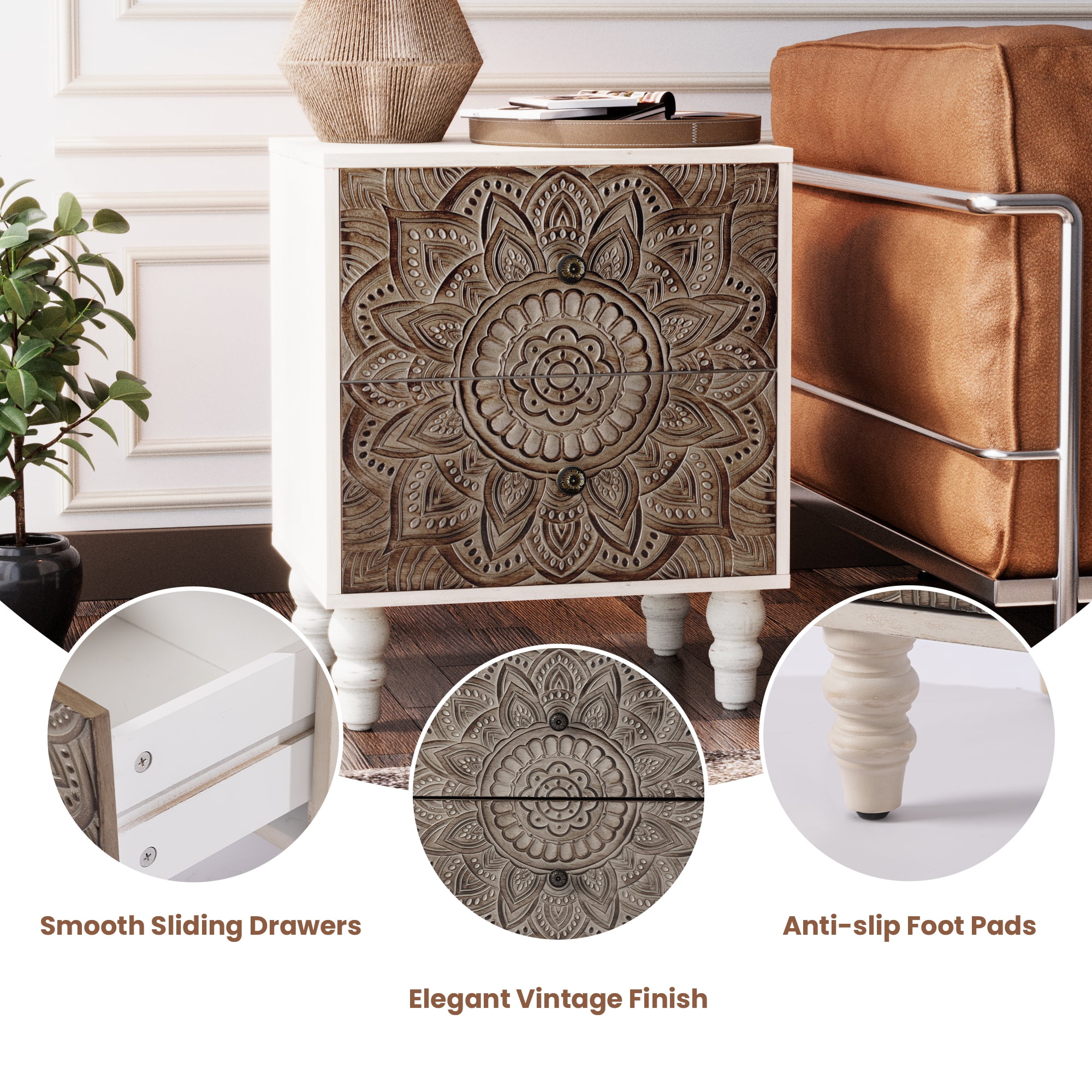 FOROUTIA 2-Drawer Nightstand, Wood Accent Bed Side Table with Storage for Bedroom