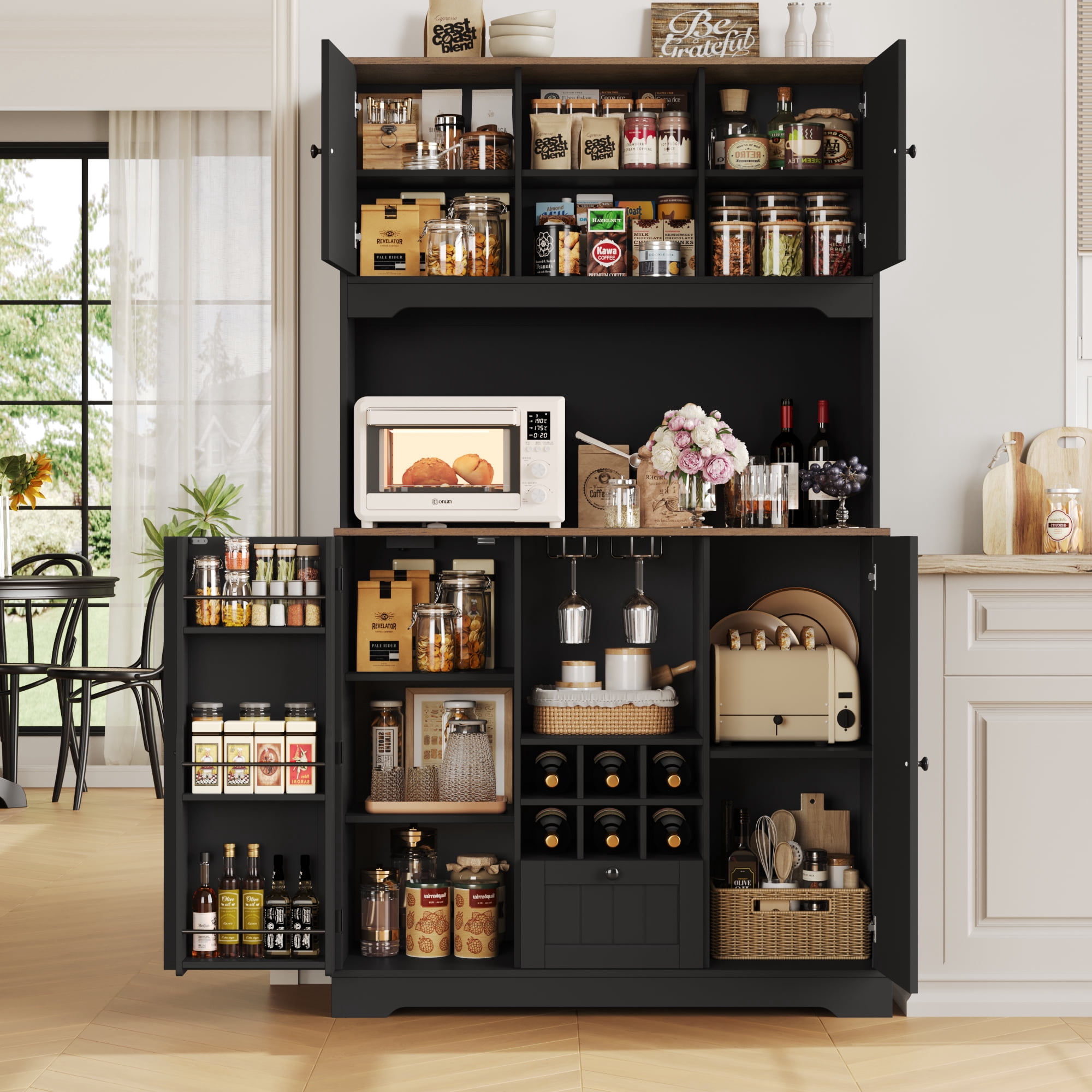 Homfa 71.3'' Kitchen Pantry Storage Cabinet with Charging Station, LED Light Kitchen Hutch Cabinet with Doors and Shelves and Wine Holder, Black