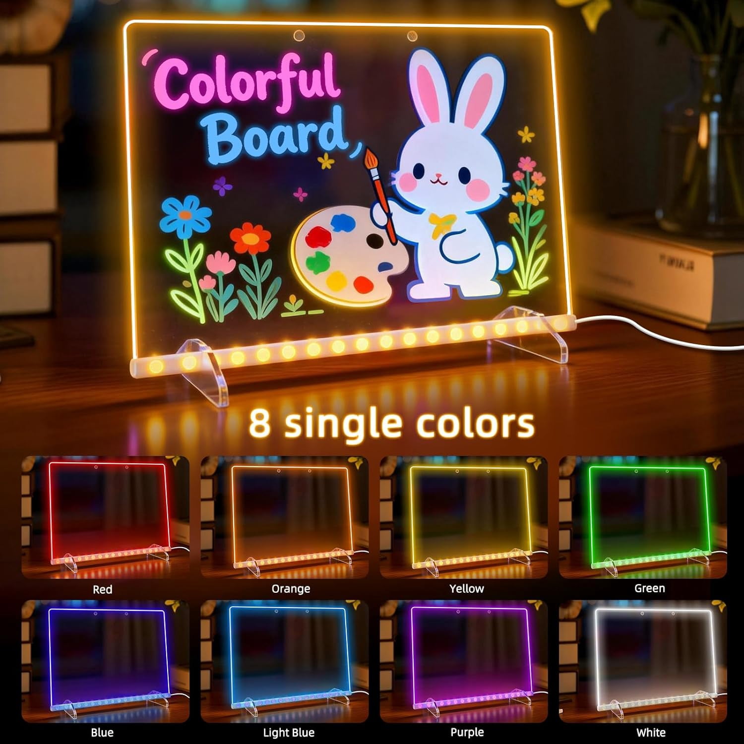 16'' Led Drawing Board for Kids with 8 Colors 6 Modes, Led Note Board with Colors, Light up Acrylic Dry Erase Board Includes Adapter, 7 Markers, Glow Doodle Board Holiday Gifts for Kids/Girls/Teens