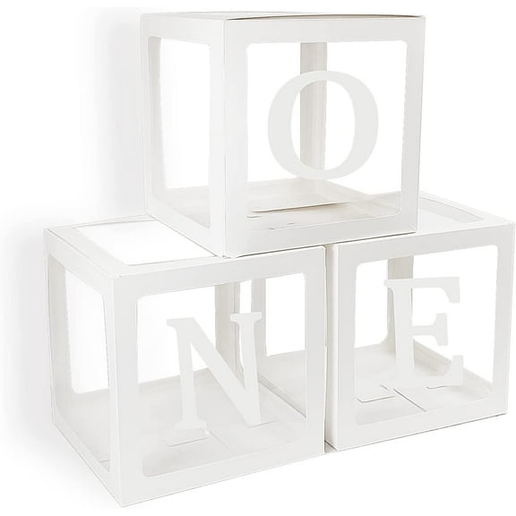 First Birthday Balloons Boxes for Boy or Girl 'ONE' Letters Individual Three White Transparent Square Boxes 1st Birthday Party Decorations Backdrop Photo Shoot Prop