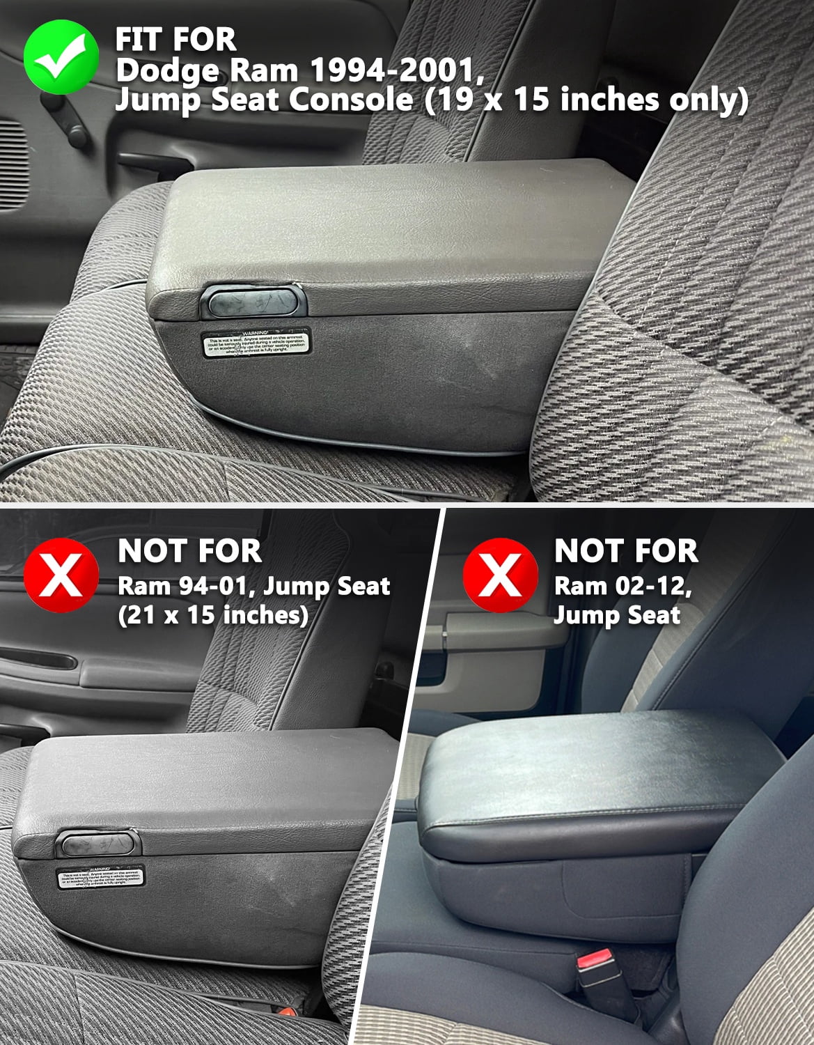 KBH Center Console Armrest Cover for 1994-2001 Dodge Ram 1500 2500 3500 with 19"x15" Jump Seat, Car Arm Rest Lid Covering for Ram 1500 Accessories, Washable Fabric Black