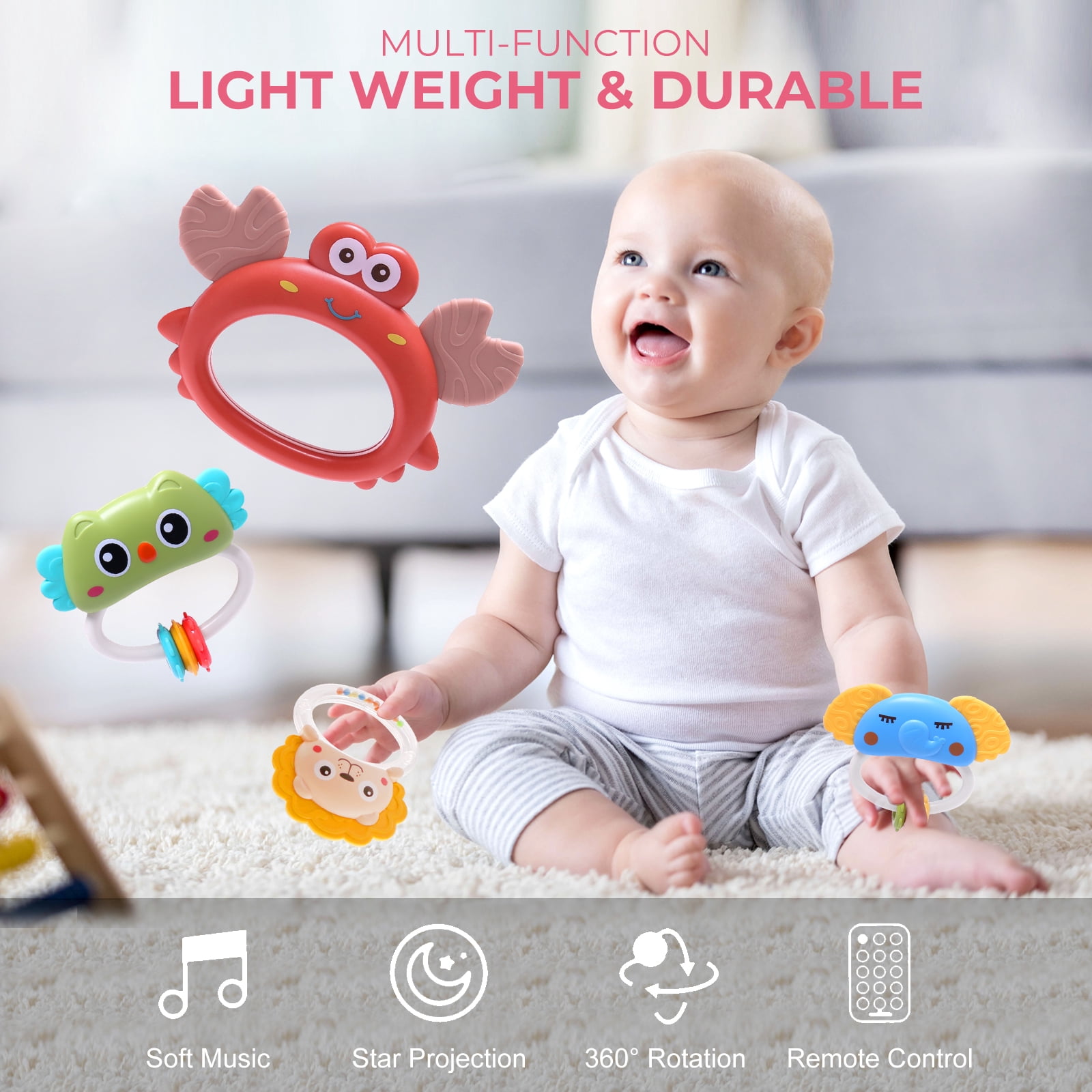 SUMWE Baby Mobile for Crib with Crib Toys Music and Lights for Pack and Paly Crib Musical Carousel Mobile Baby Mobile for Girls and Boys Portable Mobile for Baby Bassinet Toys Hanging - Red