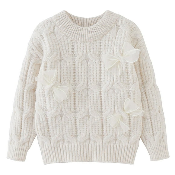 Zanarzt Chandail pour Bébé et Tout-Petit Garçon, Chandail Épais d'Automne et d'Hiver pour Filles, Chandail à Enfiler avec Nœud, Chandail Tricoté de Base pour Enfants, Haut Blanc, 1-2 Ans
