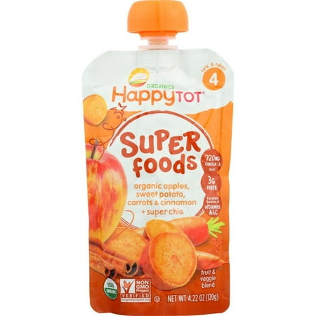 India Sweet Fruit - Happy Tot Fruit & Veggie Blend, Organic Apples, Sweet Potato, Carrots & Cinnamon + Super Chia, Super Foods, 4 (Tots & Tykes), 4.22 Oz (Pack Of 16)