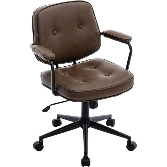 DUOMAY Retro PU Leather Office Computer Desk Chair with Armrest, Modern Mid Back Swivel Task Chair Rolling Adjustable Office Guest Chair for Home Office, Brown