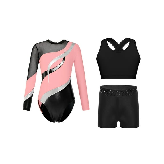 Miutii Kids Girls Gymnastics Leotard Ballet Dance Athletic Biketard Bodysuit Vest with Shorts 3Pcs Set Dancewear Pink 8